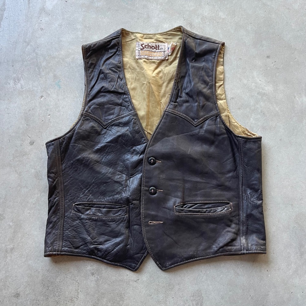 Schott NYC Western Leather Vest Brown Vintage Made in USA Mens Large L